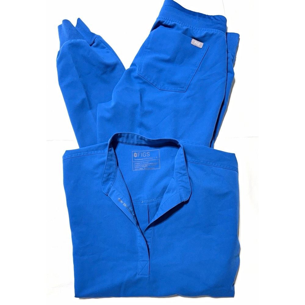FIGS Women's Blue Solid Knit Polyester Medical Scrub Set Top & Pants Size S